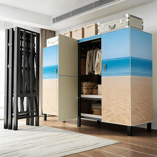 Heavy Duty Clothes Rack with Cover & Magnetic Doors, 1500lb Portable Wardrobe Closet - Foldable Garment Rack for Bedroom, Large Storage for Hanginng Dresses Jackets (Beach Blue, 70.8IN)