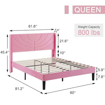 VECELO Queen Size Bed Frame Upholstered Platform with Fabric Headboard/Wooden Slats Support/No Box Spring Needed/Mattress Foundation,Pink