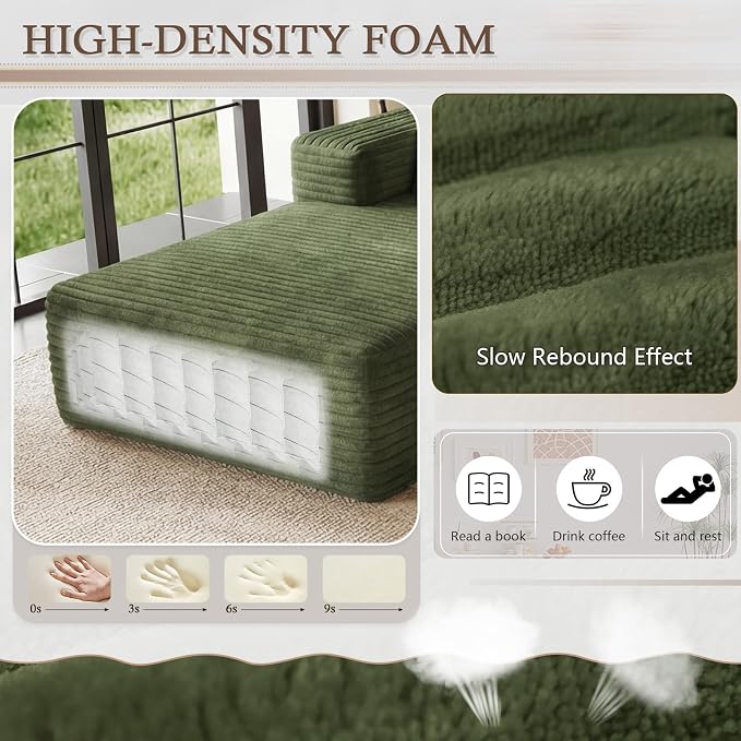 95" Cloud Sectional Couch U-Shaped Chaise with Ottoman, Corduroy Boneless Couch for Living Room Bedroom, Deep-Seat Upholstered Modular Cloud Sofa, No Assembly Required (Green, Left Facing Chaise)