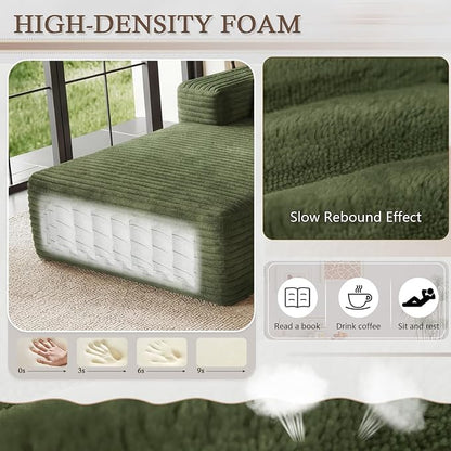 95" Cloud Sectional Couch U-Shaped Chaise with Ottoman, Corduroy Boneless Couch for Living Room Bedroom, Deep-Seat Upholstered Modular Cloud Sofa, No Assembly Required (Green, Left Facing Chaise)