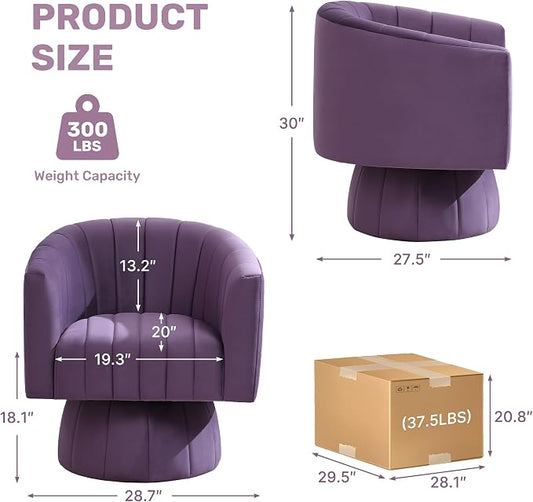 Swivel Accent Barrel Chair, Cute Comfy Small Round 360° Arm Chair. Velvet Club Reading Chair for Living Room, Bedroom, Office Purple