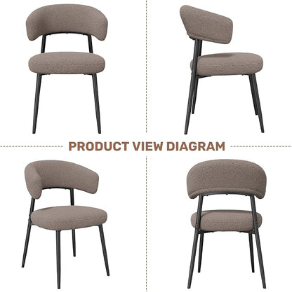 Dining Chairs Set of 2, Mid Century Modern Kitchen Chairs, Boucle Upholstered Dining Chair with Curved Backrest & Metal Legs for Kitchen Dining Room, Brown