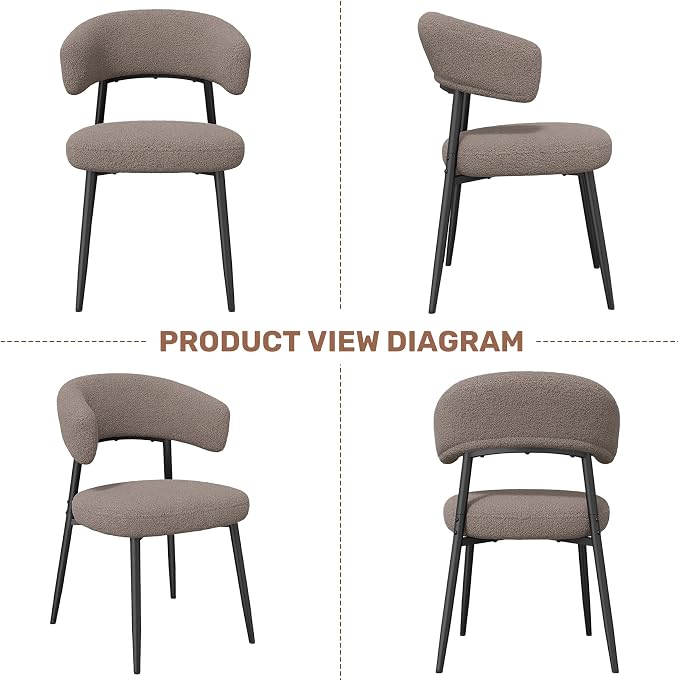Dining Chairs Set of 6, Mid Century Modern Kitchen Chairs, Boucle Upholstered Dining Chair with Curved Backrest & Metal Legs for Kitchen Dining Room, Brown