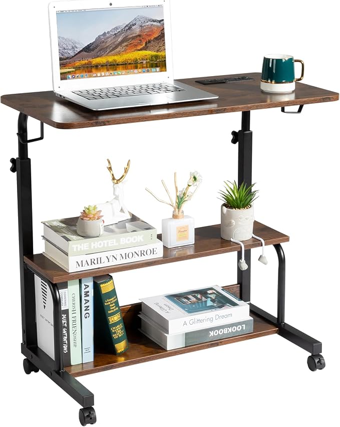 Mobile Laptop Desk with Power Outlets, Height Adjustable TV Tray Table with Storage Shelf, Rolling Computer Table with USB Ports (Vintage Brown)