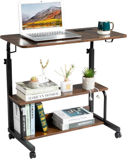 Mobile Laptop Desk with Power Outlets, Height Adjustable TV Tray Table with Storage Shelf, Rolling Computer Table with USB Ports (Vintage Brown)