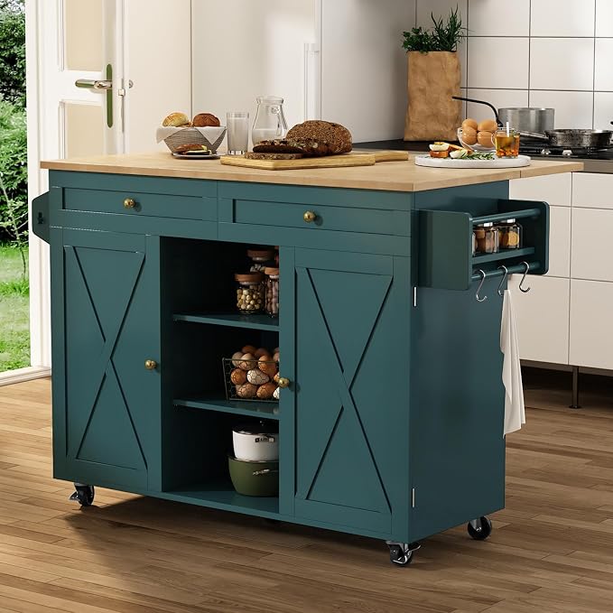 HLR Kitchen Island On Wheels, Dark Green Rolling Kitchen Islands Cart with Drop Leaf Countertop, Barn Door Kitchen Island with Storage Cabinet and Tower Rack, Island Table for Kitchen