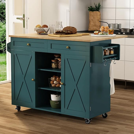 HLR Kitchen Island On Wheels, Dark Green Rolling Kitchen Islands Cart with Drop Leaf Countertop, Barn Door Kitchen Island with Storage Cabinet and Tower Rack, Island Table for Kitchen