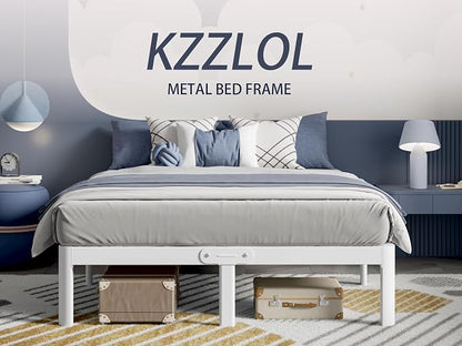 White Full Size Bed Frame 16 Inch, Metal Full Bed Frame No Box Spring Needed, Heavy Duty Steel Support 3500 LBS, DIY Headboard, Noiseless, Round Corner Legs, Storage Space, Easy Assembly