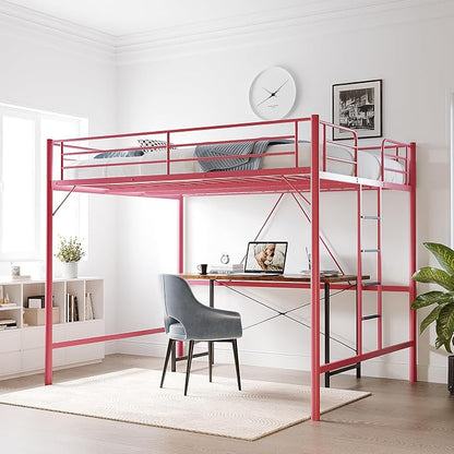 VINGLI Queen Loft Bed with Flat Rungs for Adults, Kids and Young Teens, No Box Spring Required,Heavy Duty Metal Slat Support, Pink
