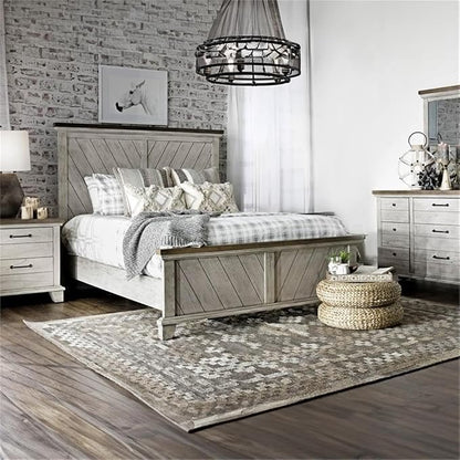 Pemberly Row Contemporary 4-Piece King Bedroom Set, Engineered Wood with Mindi Veneers, Gray Finish, Chevron Pattern, Includes Bed, Dresser, Mirror, Nightstand, Rustic Farmhouse Style