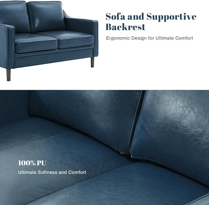 Kingfun 60" Faux Leather Sofa, Loveseat Couch, Mid Century Modern Love Seat Couches with Solid Wood Frame for Living Room Bedroom