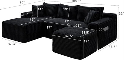 106-Inch Oversized U-Shaped Left Facing Corner Compressed Sofa Modular Boneless Cloud Sectional Sofa Floor Foam Couch W/Chaise & Ottoman, Corduroy Corner Boneless Cloud Couch