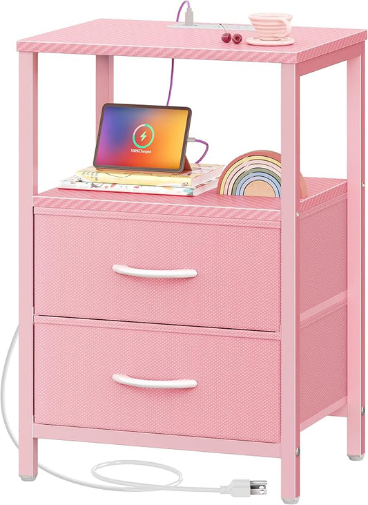 Huuger Nightstand with Charging Station, Side Table with Fabric Drawers, End Table with Open Shelf, Bedside Table with USB Ports and Outlets, Night Stand for Bedroom, Pink