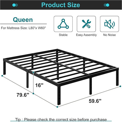 Maenizi 16 Inch Queen Bed Frame No Box Spring Needed, Heavy Duty Metal Queen Platform Bed Frame Support Up to 3000 lbs, Easy Assembly, Noise Free, Black