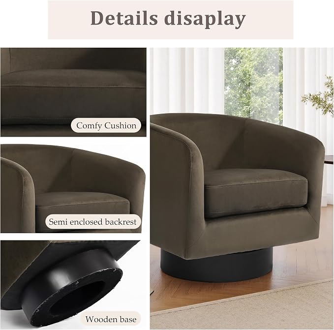 Swivel Barrel Accent Chair, Velvet Upholstered Armchair Modern Round Club Arm Chair for Living Room, Comfy Single Sofa Seating Bedroom Side Reading Seat for Home Office - Coffee