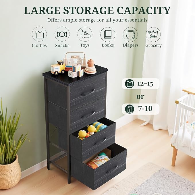 4 Drawers Dresser for Bedroom, Fabric Storage Tower Organizer with Wooden Top and Steel Frame, Tall Chest of Drawers for Closet, Entryway, Dorm, Charcoal Black