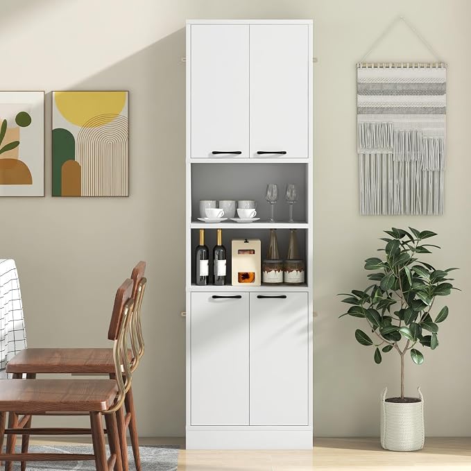 Giantex Kitchen Pantry Cabinet, 75” Tall Freestanding Cupboard with Doors & Shelves, Safety Hinges & Anti-Tipping Devices, Storage Sideboard for Dining Room, Living Room (White)