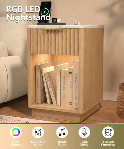Akxomel Fluted Nightstand, Wooden Night Stand with Charging Station and LED Light, Modern Bedside Table with Drawer and Faux Marble Top, 15" D x 15.7" W x 22.6" H, for Bedroom, Natural Oak and White