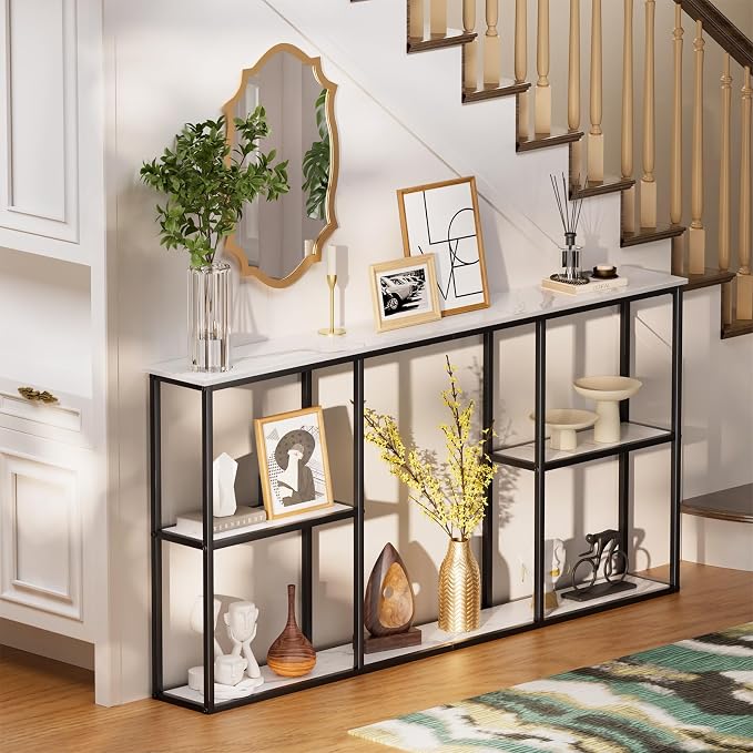 WOHOMO Console Table, Small Modern Entryway Table for Entry, 3-Tier Long Sofa Table Behind Couch for Living Room, Entrance, White Marble (63 inch)