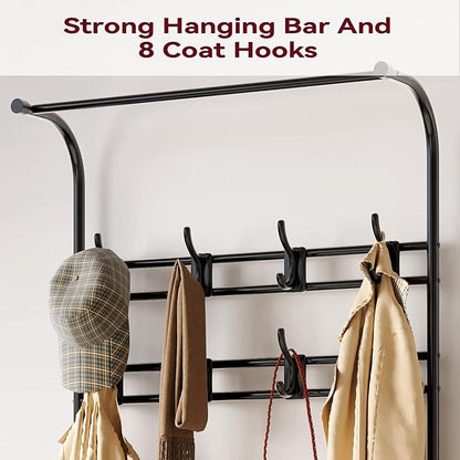 OUTLANE Hall Tree Shoe Bench for Entryway, Hall Tree with Bench and Shoe Storage, 4-in-1 Coat Rack Storage Bench with 8 Hooks, Freestanding Entryway Organizer for Hallway, Bedroom, Small Spaces, Brown