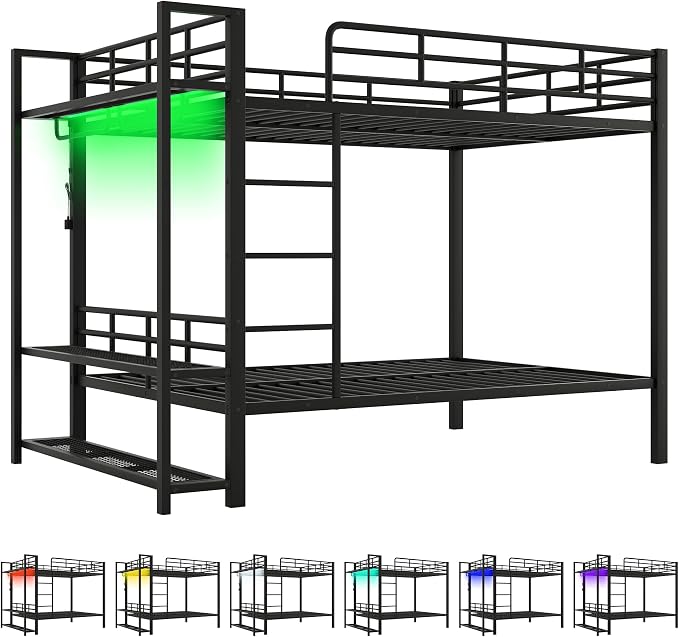 Bellemave Full Over Full Bunk Bed,Metal Bunk Bed with Shelf and Guardrails,Full Bunk beds with Storage Mesh Shelves and Clothes Hooks for Kids, Teens & Adults（Black）