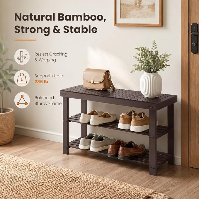 Shoe Rack Bench, 3-Tier Shoe Storage Organizer for Entryway , Shoe Shelf for Small Spaces, Multi-Functional Side Table Plant Stand, Shoe Stand for Bedroom, Living Room, Closet, Front Door, Brown