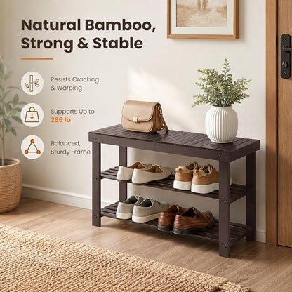 Shoe Rack Bench, 3-Tier Shoe Storage Organizer for Entryway , Shoe Shelf for Small Spaces, Multi-Functional Side Table Plant Stand, Shoe Stand for Bedroom, Living Room, Closet, Front Door, Brown