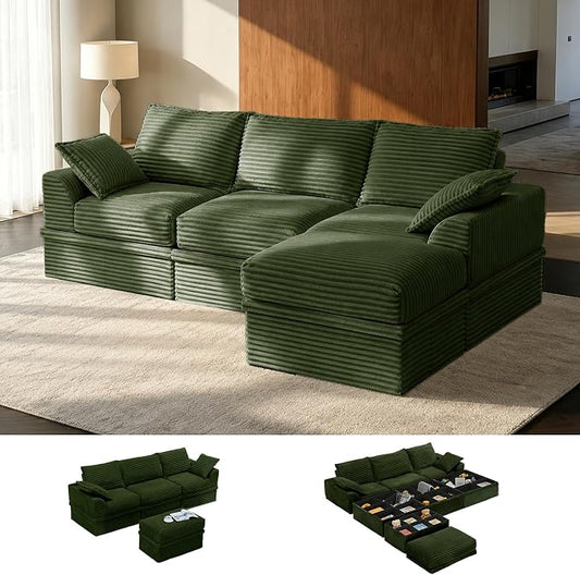 Upgrade Boneless Couch with Storage, Extra Deep&High Seat Modular Sectional Sofa 3 Seater L Shaped Cloud Couch with Ottoman, Tool-Free Assembly Sectional Couches for Living Room, Green