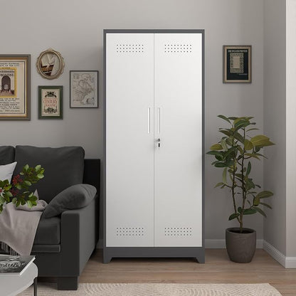 72.8" H Metal Garage Storage Cabinets with Doors and Shelves, Broom Closet Storage Cabinet, Tool Cabinets with Hanging Rod, Cleaning Storage Cabinets for Garage, Office, Laundry Room