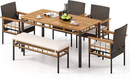 Tangkula 6 Pieces Patio Dining Table Set, Outdoor Rectangular Acacia Wood Table with 1.97” Umbrella Hole & Cushioned Backless Bench & 4 Armchairs, for Garden, Deck, Yard