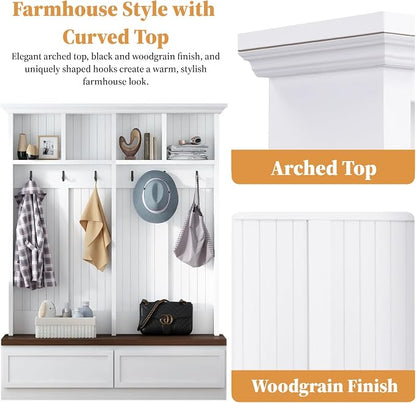 55.9" W Hall Tree with Bench and Shoe Storage,Shoe and Coat Rack with Drawer and Hooks,Farmhouse Furniture for Entryway,Mudroom,Living Room,White