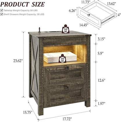 TAGELIER Farmhouse Nightstand with Gun Drawer, Bedside Table with Charging Station, Gun Night Stand with LED Light & Human Sensor, Smart End Table for Bedroom, Rustic Brown