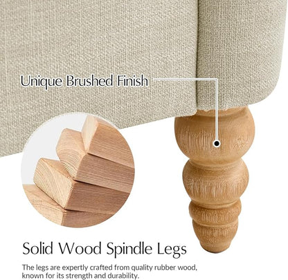 HULALA HOME Farmhouse Curved Couch with Solid Wood Spindle Legs, 3 Seater Sofa with Rolled Wide Armrests, Comfy Upholstered Sofa for Living Room Bedroom, Linen