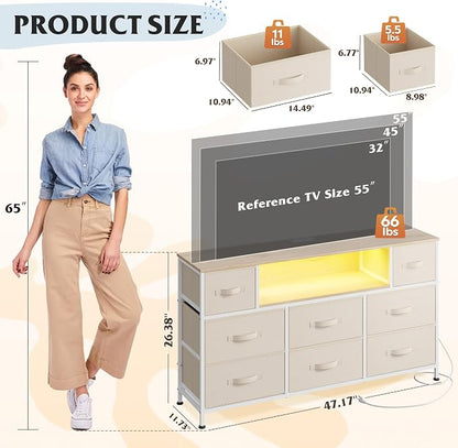 WLIVE Dresser TV Stand for 45, 50, 55 inch TV, Entertainment Center with LED Lights & Charging Station, Chest of Drawers with 8 Fabric Drawers and Open Shelves for Living Room, Hallway, Cream White