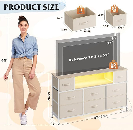 WLIVE Dresser TV Stand for 45, 50, 55 inch TV, Entertainment Center with LED Lights & Charging Station, Chest of Drawers with 8 Fabric Drawers and Open Shelves for Living Room, Hallway, Cream White