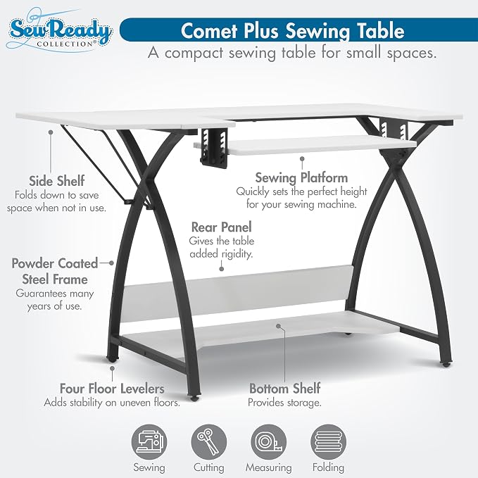 Sew Ready Comet Plus Hobby and Sewing Table with Lower Shelf, Black/White