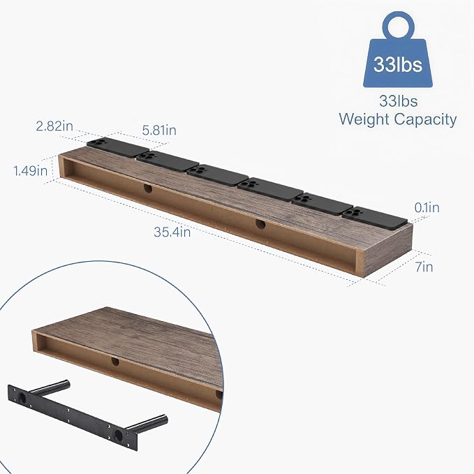 Floating Shelves for Wall, Bathroom Shelves Over Toilet, Wall Shelves & Book Shelf for Room, Hanging Shelf, Modern Wooden Mounted Floating Shelves, 36x7x1.5 in (Smoke Gray, Set of 2)