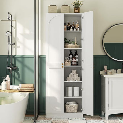 Cyclysio 80" Kitchen Pantry, Extra Tall Arch Storage Cabinet with 8 Soft Close Doors and Adjustable Shelves, Freestanding Wood Cupboard with Seamless Fit Wall for Dining Living Room Bathroom Furniture