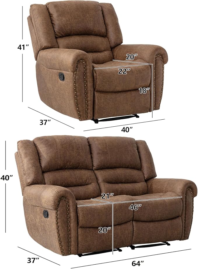 CANMOV Manual Reclining Sofa Set,Faux Leather Manual Recliner Loveseat and Recliner Chair with Overstuffed Armrest for Living Room,Bedroom Furniture,Office,Nut Brown