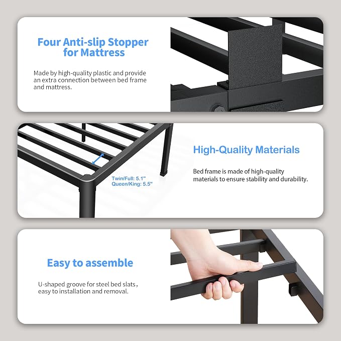 ROIL 16 Inch King Bed Frame with Rounded Corner and Headboard Hole Mattress Retainers 3500LBS Metal Heavy Duty Steel Slats No Box Spring Needed Platform Noise-Free Easy Assembly