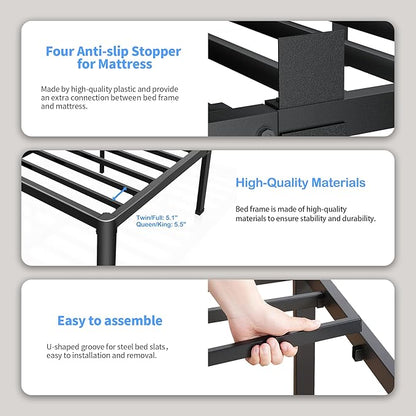 ROIL 4 inch Metal Queen Bed Frame with Rounded Corner Mattress Retainers 3500LBS Heavy Duty Steel Slats No Box Spring Needed Platform Noise-Free Easy Assemble