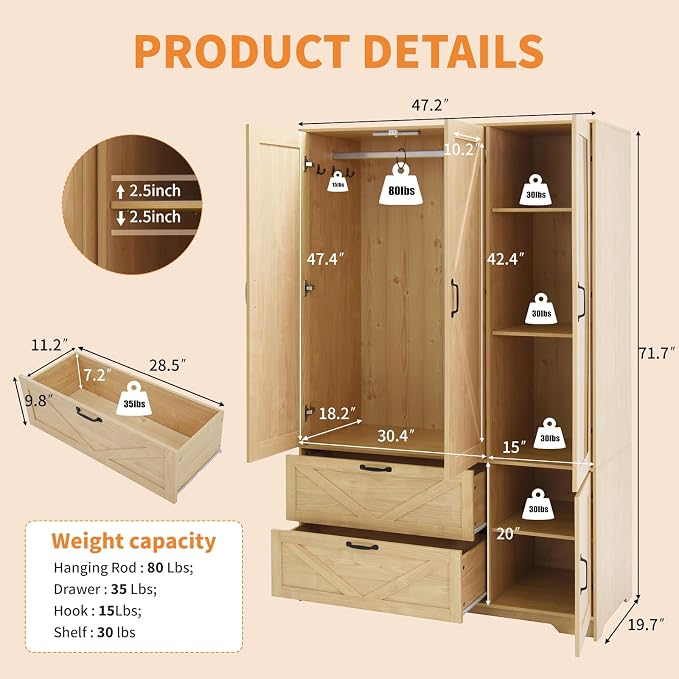 Armoire Wardrobe Closet with 3 Door, Bedroom Armoire with Mirror, LED Light, Hanging Rod, Drawers,Adjustable Shelves,Large Capacity Closet for Bedroom,47.2L,Natural
