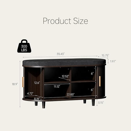 DHH 2-Tier Storage Bench,Wide Shoe Bench with Thickened Padded Seat Cushion, Mid Century Modern Fluted Sliding Door and Adjustable Shelf, for Entryway, Living Room, Bedroom (Dark Walnut, 35.4“)