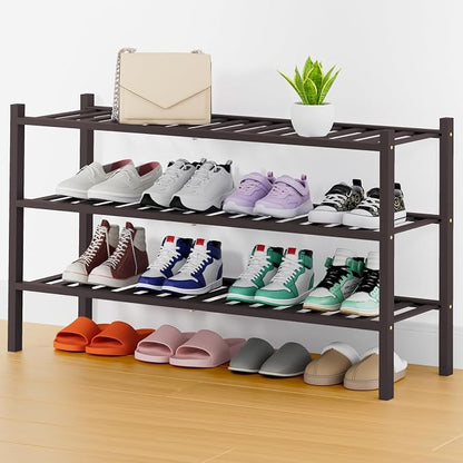 Smiry Long Bamboo Shoe Rack, 3 Tier Free Standing Wooden Shoe Organizer, Stackable Wood Shoe Storage Shelf for Closet, Entryway, 14 Vertical Slats, 2+1 Stack Heavy-Duty Legs, 33.7"x11"x19.5", Brown