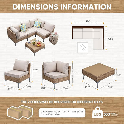 JOYURE 5 Piece Wicker Patio Furniture Set,Outdoor Conversation Sectional Sofa w/Coffee Table,All-Weather Outdoor Sofa with Thick and Anti-Slip Cushions for Deck,Poolside,Garden,Beige
