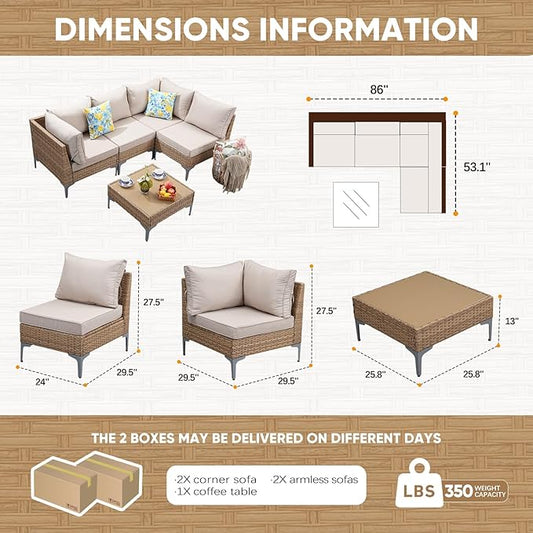 JOYURE 5 Piece Wicker Patio Furniture Set,Outdoor Conversation Sectional Sofa w/Coffee Table,All-Weather Outdoor Sofa with Thick and Anti-Slip Cushions for Deck,Poolside,Garden,Beige