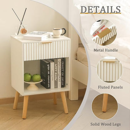 Fultyle White Nightstand with Charging Station, Mid Century Modern Bedside Table with Drawers and Outlet, Side Tables Living Room, Wooden Night Stand for Bedroom, Office (White)