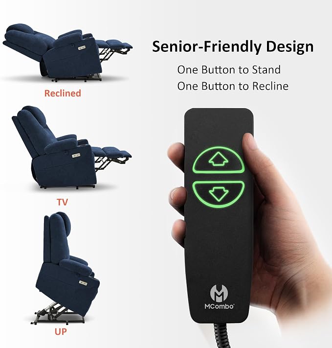 MCombo Power Lift Recliner Chair for Elderly R7045(Admiral, Medium-Wide) | Heat and Massage, Breathable Fabric, USB& Type C Charging Port, FSC Certified
