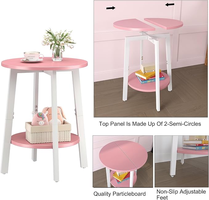 sthmec Side Table Set of 2, Small Round End Table with Storage Shelf for Small Space, 2-Tier Bedside Table Sofa Couch Table, Nighstands Set of 2 Accent Table for Living Room, Bedroom, Pink