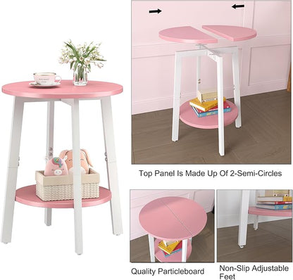 sthmec Side Table Set of 2, Small Round End Table with Storage Shelf for Small Space, 2-Tier Bedside Table Sofa Couch Table, Nighstands Set of 2 Accent Table for Living Room, Bedroom, Pink
